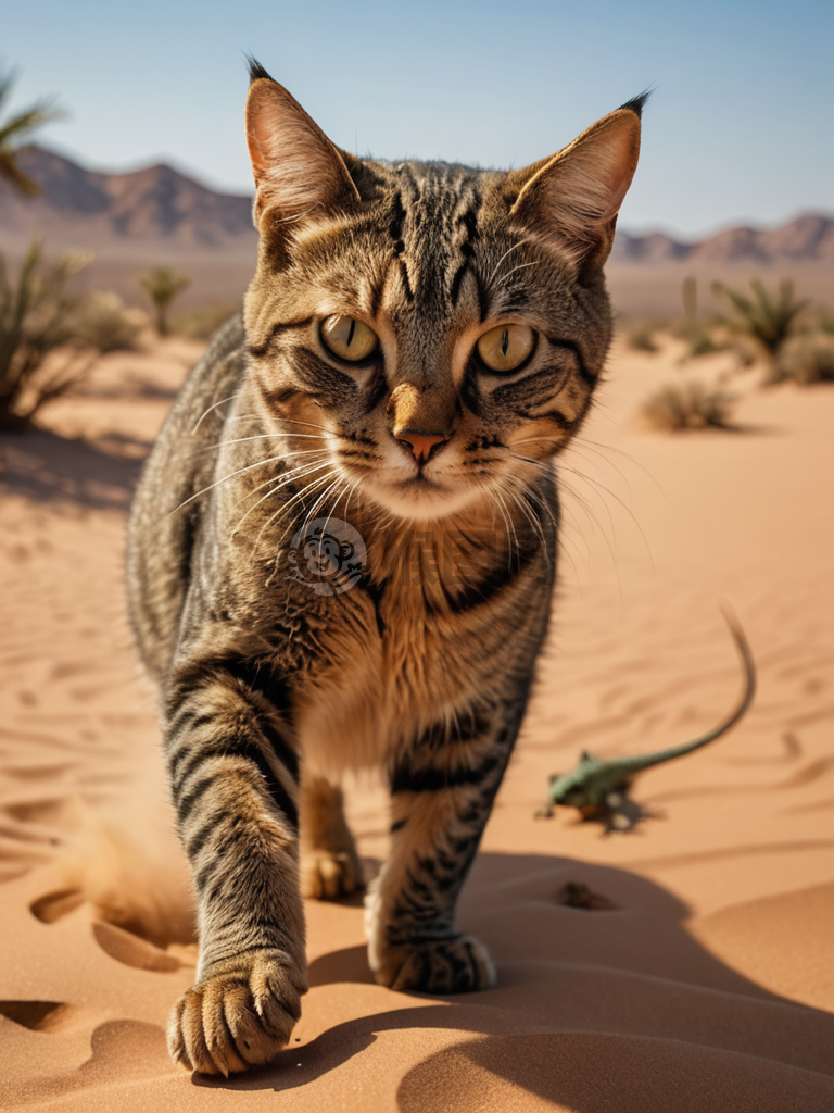 沙漠中的猫追逐蜥蜴，表情坚定，8K高清画质。