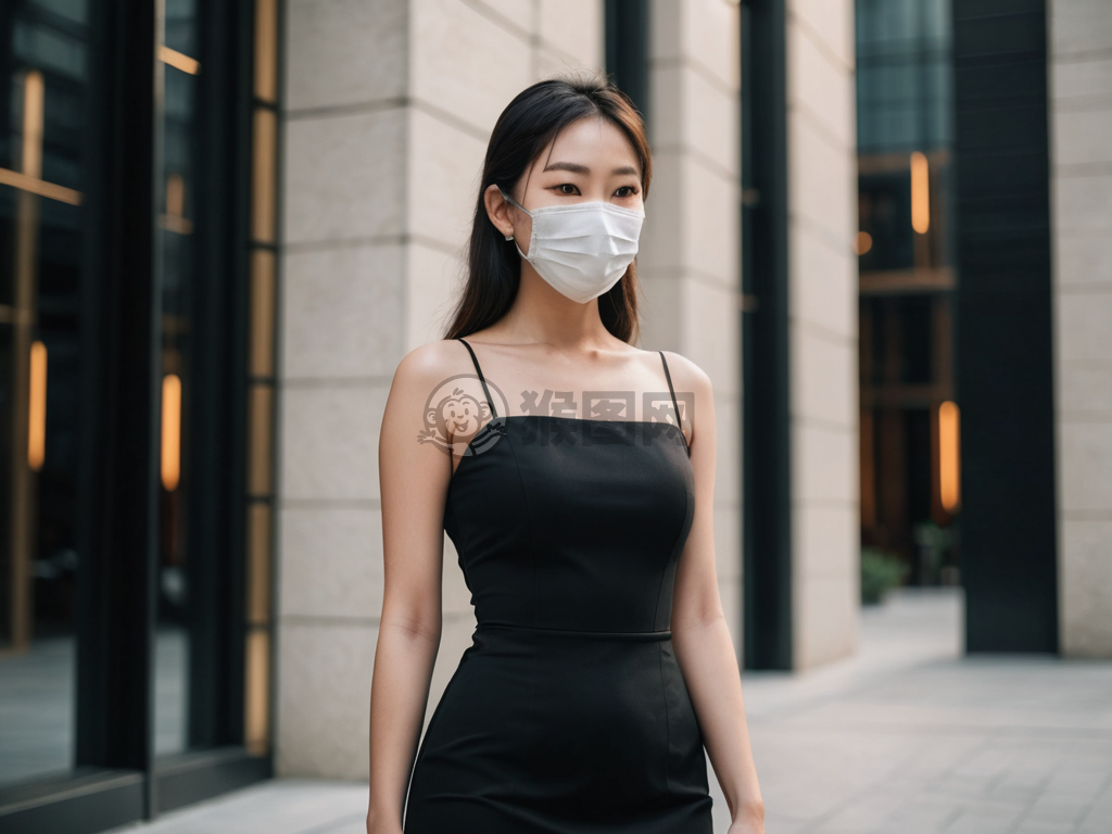 白衣黑裙自信女性现代建筑前时尚自信风采