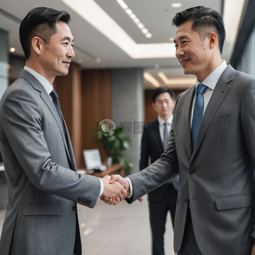 《中国商人会见客户，灰色西装风采照人》