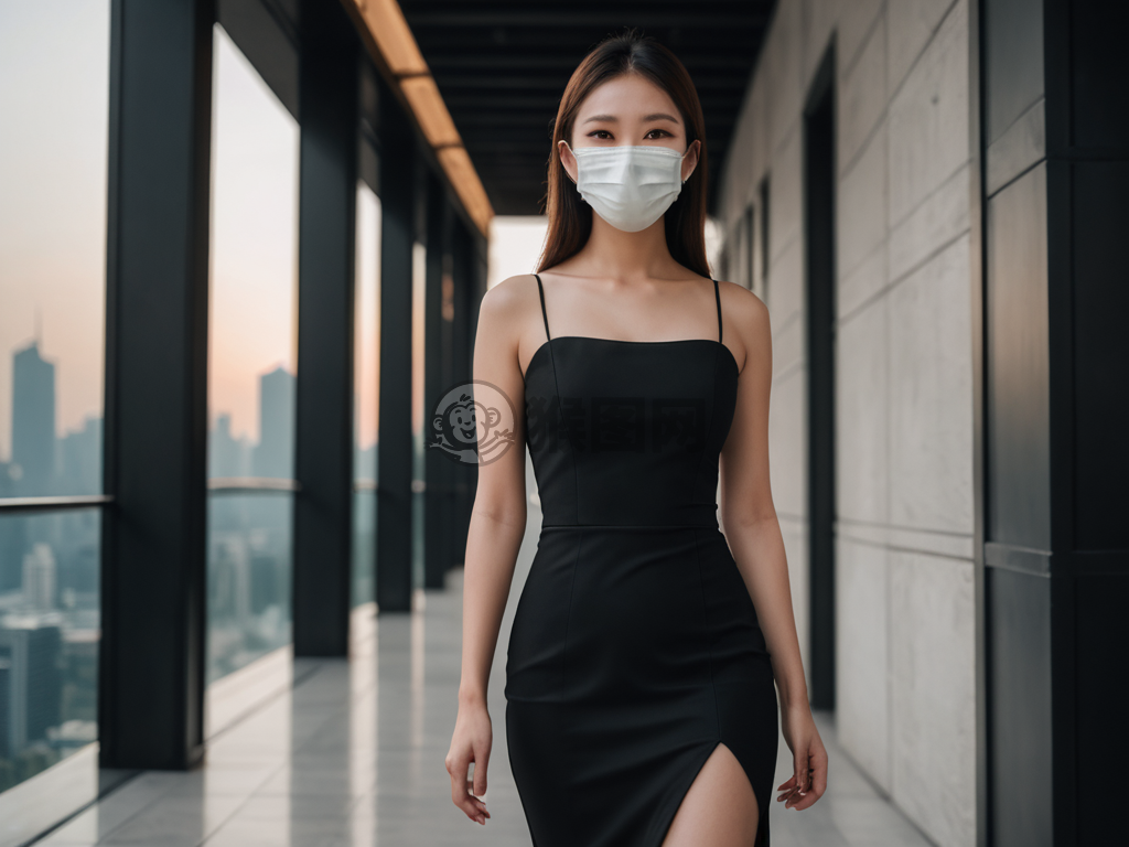 白衣黑裙自信美：现代建筑下的时尚佳人