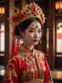 中式新娘摄影作品：惊艳红金凤凰冠冕美照