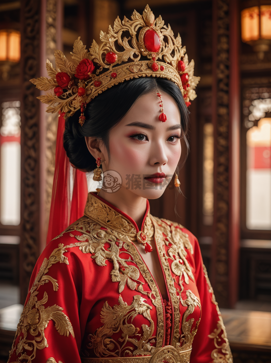 中式新娘摄影作品：惊艳红金凤凰冠冕美照