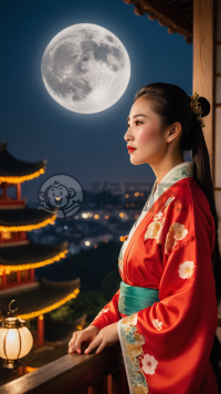 中式女子赏月照：月光柔美，佳人如画