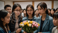 中国教师与学生们簇拥照相场面极富感召力