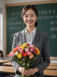 教室前鲜花满载笑容的老师相片