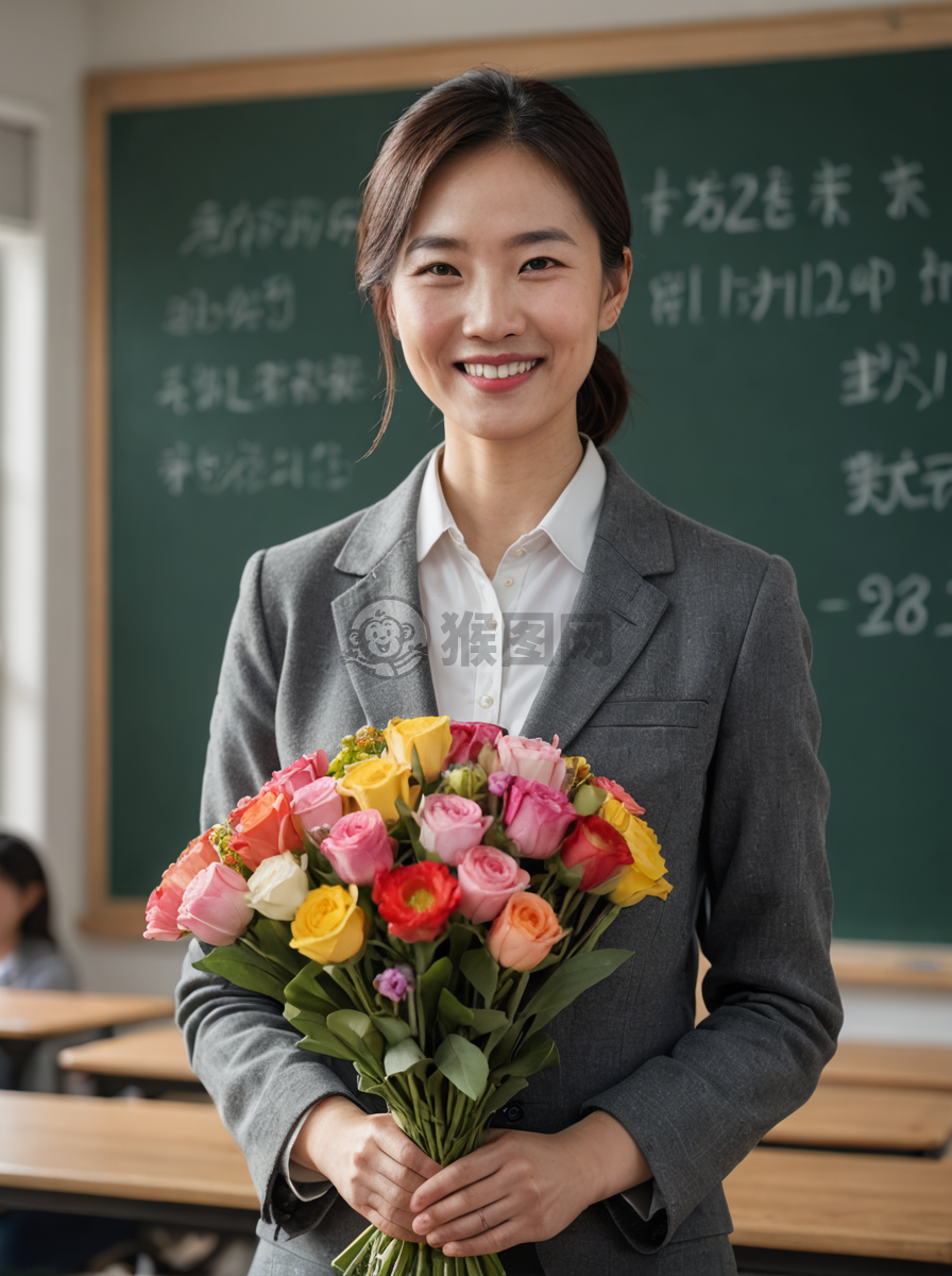 教室前鲜花满载笑容的老师相片