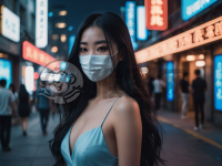《黑发白面蓝裙女子夜都市神秘侧影》