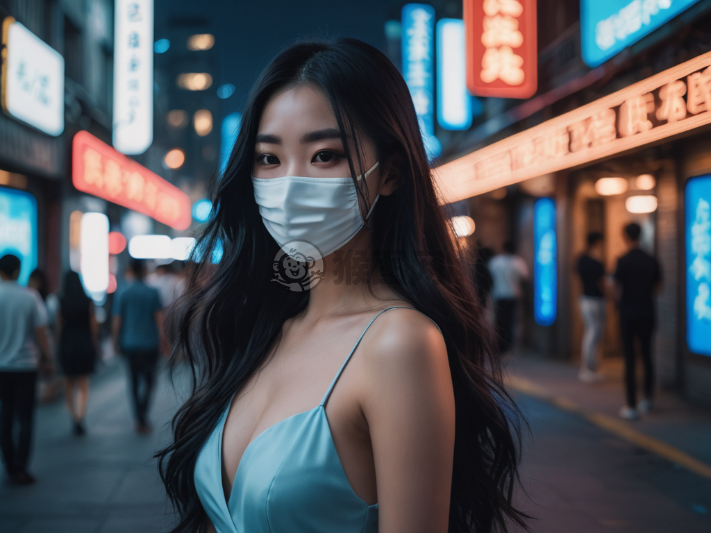 《黑发白面蓝裙女子夜都市神秘侧影》
