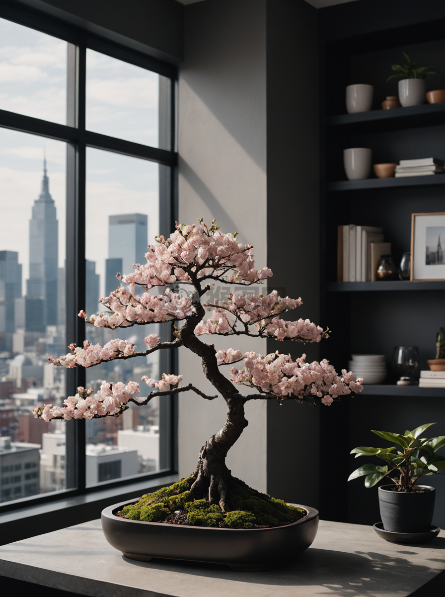 现代简约室内照片：盆景与淡粉色花朵
