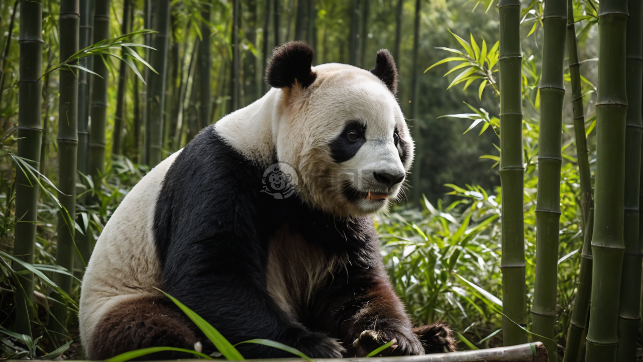 熊猫吃竹子满心欢喜的照片。