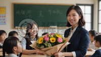 教室中鲜花献给女教师的自然光照片