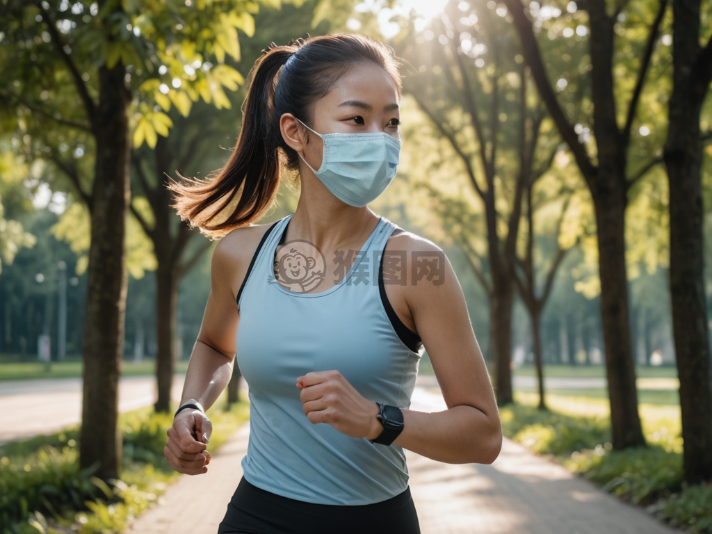 晨跑少女：活力四溢的蓝口罩美女