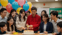 中国学生惊喜老师，庆生聚会课堂场景再现