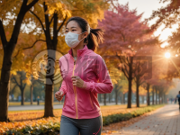 城市公园晨跑女，秋色健身情