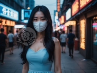 《霓虹灯下黑发少女，神秘凝视》