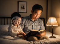 《中国父亲在床上为蹒跚学步的孩子讲故事》