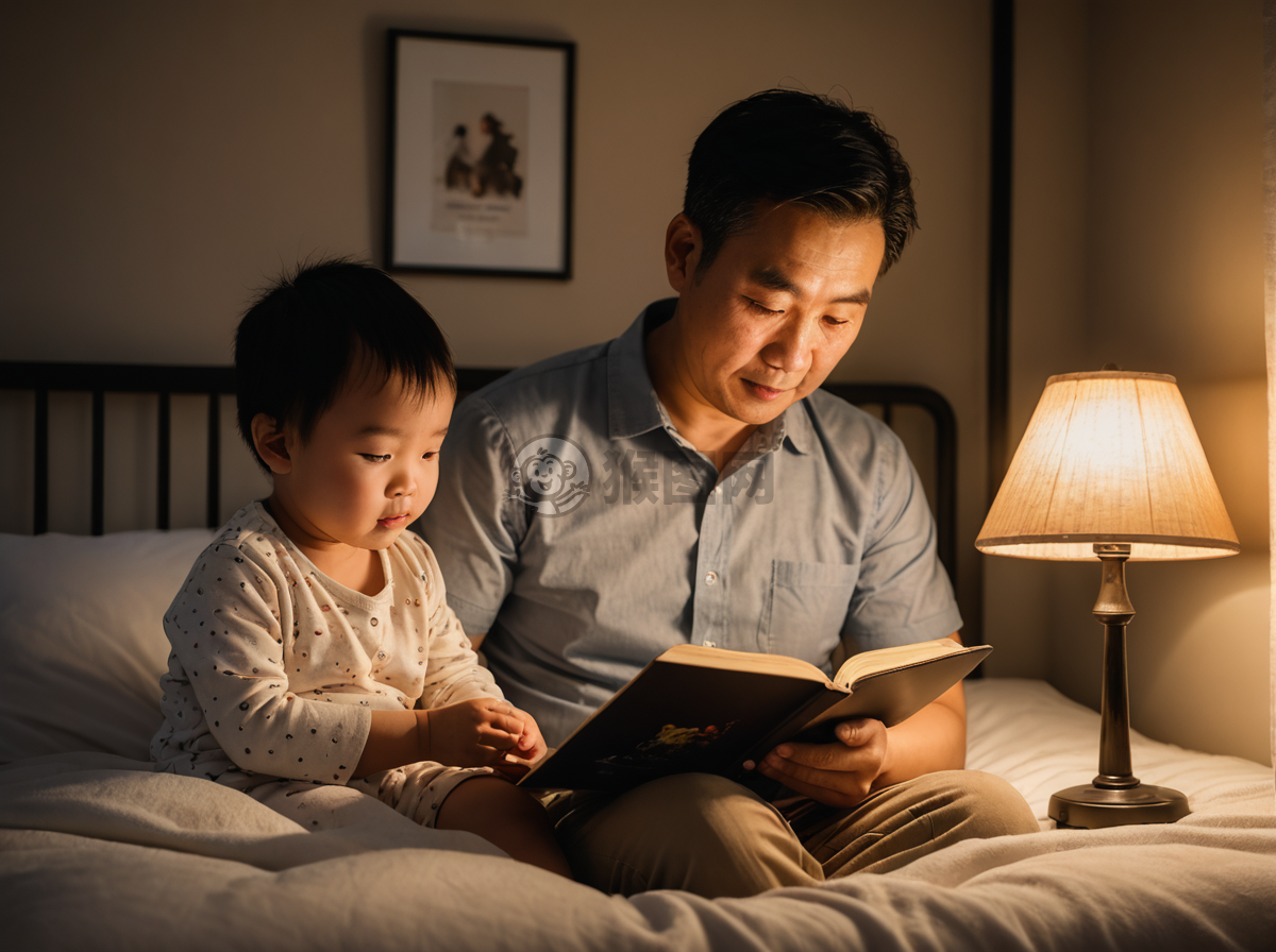 《中国父亲在床上为蹒跚学步的孩子讲故事》