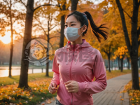 城市公园晨跑女，秋色健身情