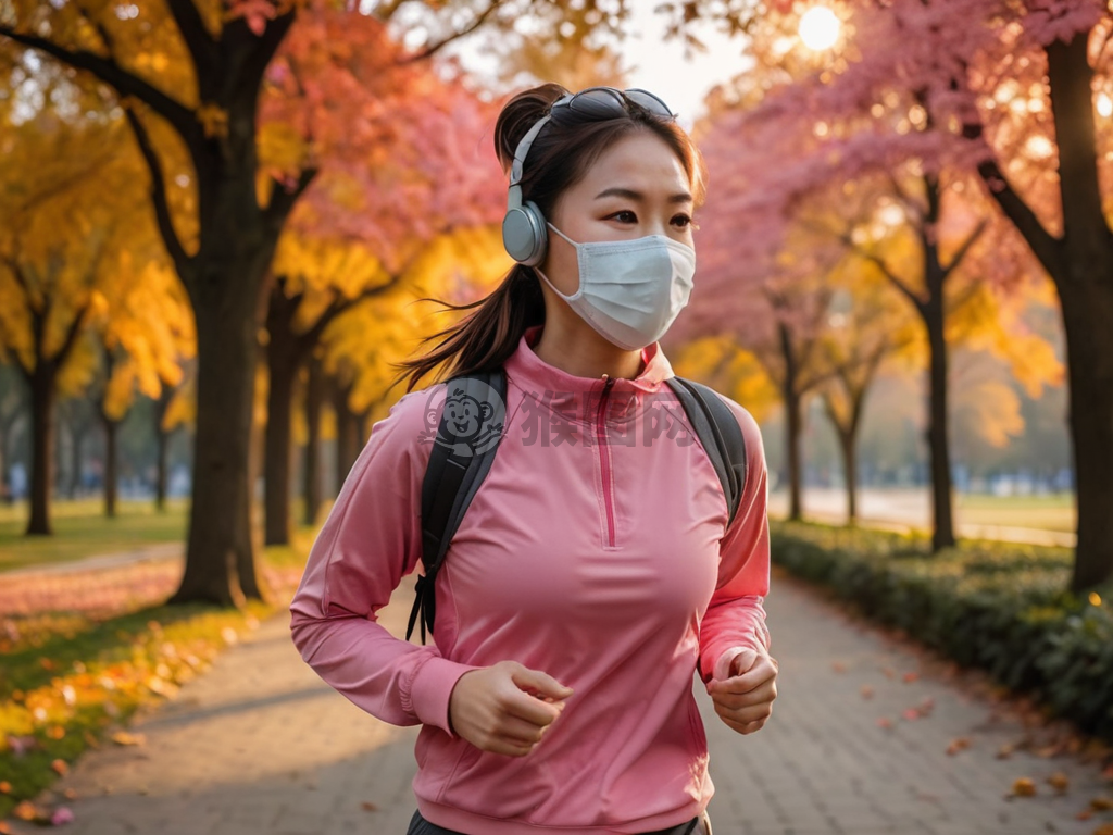 城市公园晨跑女，秋色健身情