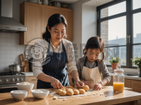 现代家庭：母亲与孩子一起烘焙饼干的照片