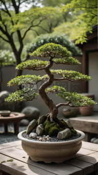 禅意园林中精致盆景之美景