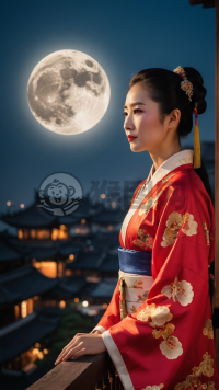中国传统女性赏月照，月光柔和表情安逸