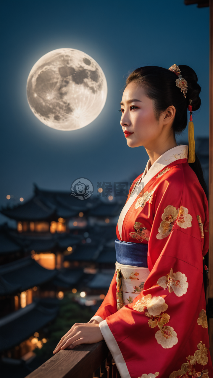 中国传统女性赏月照，月光柔和表情安逸
