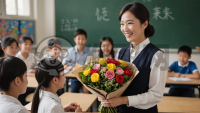 《教室角落，师生送花》