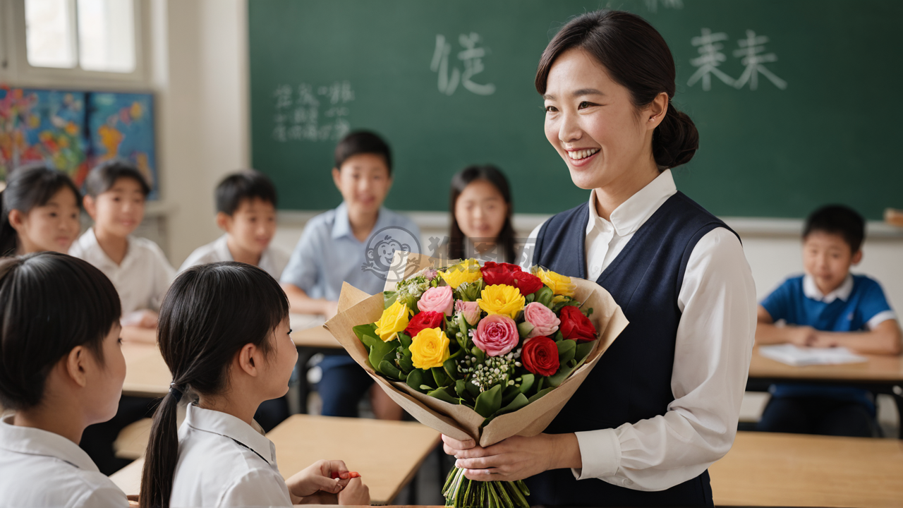 《教室角落，师生送花》