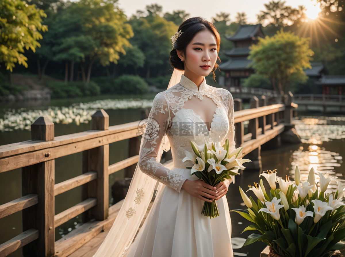 现代白纱新娘桥上倩影