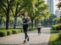 现代城市公园中的年轻中国女性慢跑者