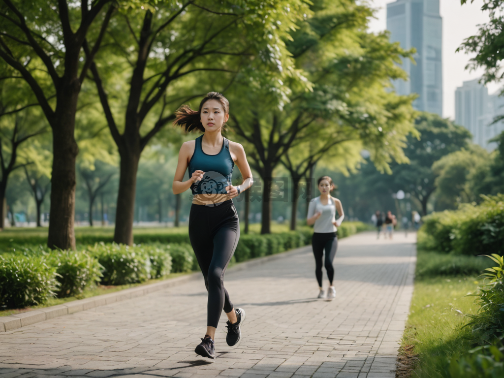 现代城市公园中的年轻中国女性慢跑者