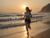 晨光海边奔跑：年轻女子沐浴大海柔光