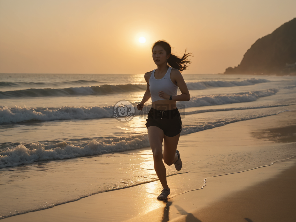 晨光海边奔跑：年轻女子沐浴大海柔光