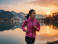 夕阳湖边慢跑的中国年轻女子