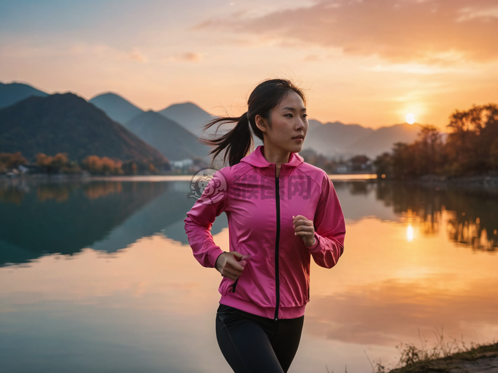 夕阳湖边慢跑的中国年轻女子