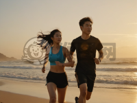 海滩晨跑：浪漫夕阳下的青春画卷