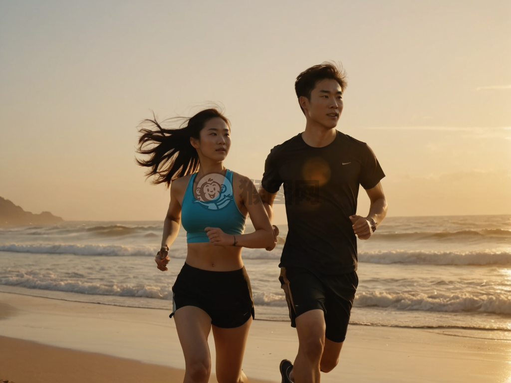 海滩晨跑：浪漫夕阳下的青春画卷