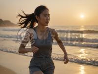 晨曦海边奔跑：中国年轻女子，浪花拍岸之美景