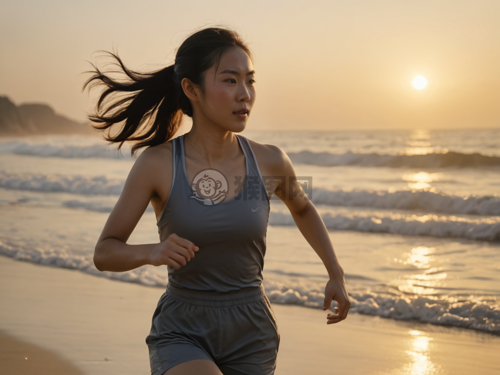 晨曦海边奔跑：中国年轻女子，浪花拍岸之美景