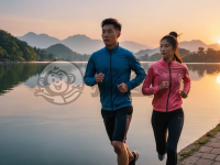 晨曦湖畔情侣慢跑：水色天空美如画