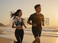 海滨晨跑：浪漫夕阳下的青春身影