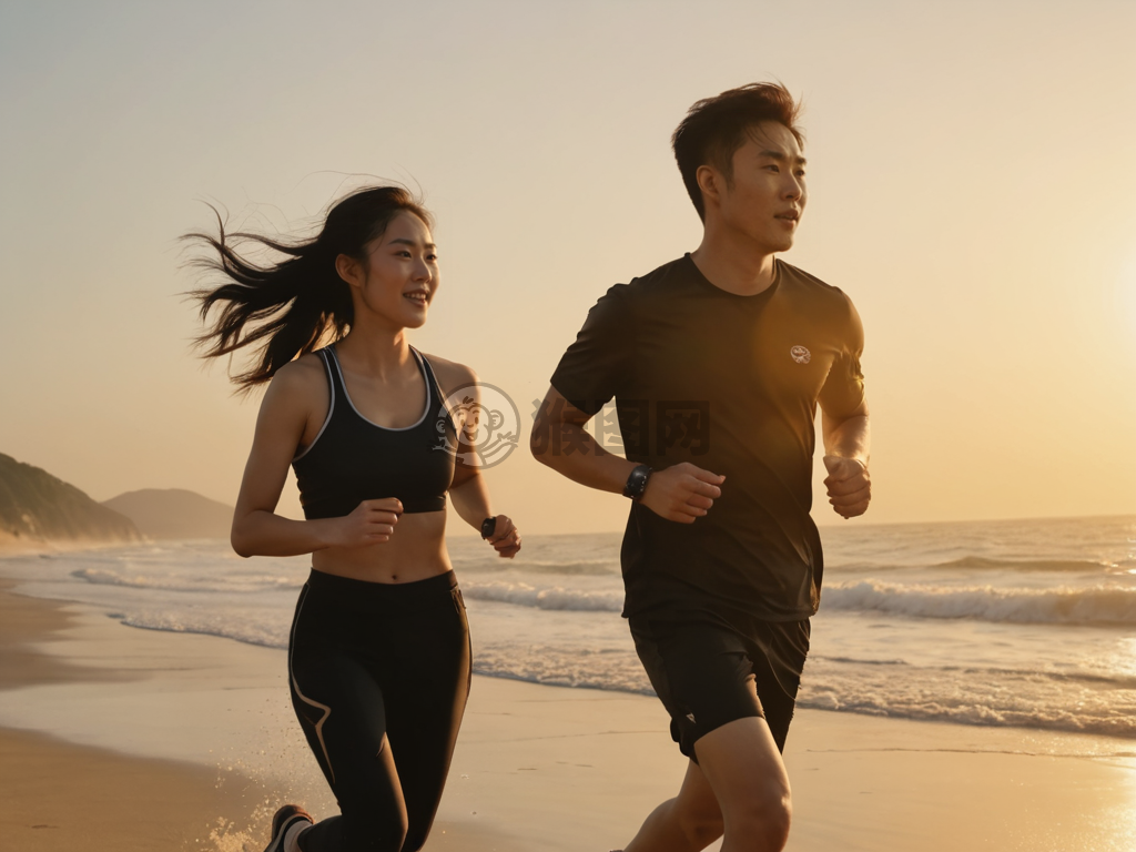海滨晨跑：浪漫夕阳下的青春身影