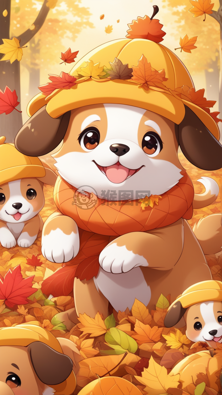 叶子堆里的快乐秋日小伙伴
