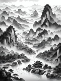 中国传统山水画《雾山云径》