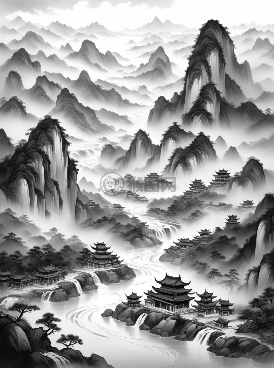 中国传统山水画《雾山云径》
