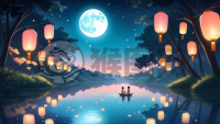 梦中秋夜明月光下漂灯河之旅