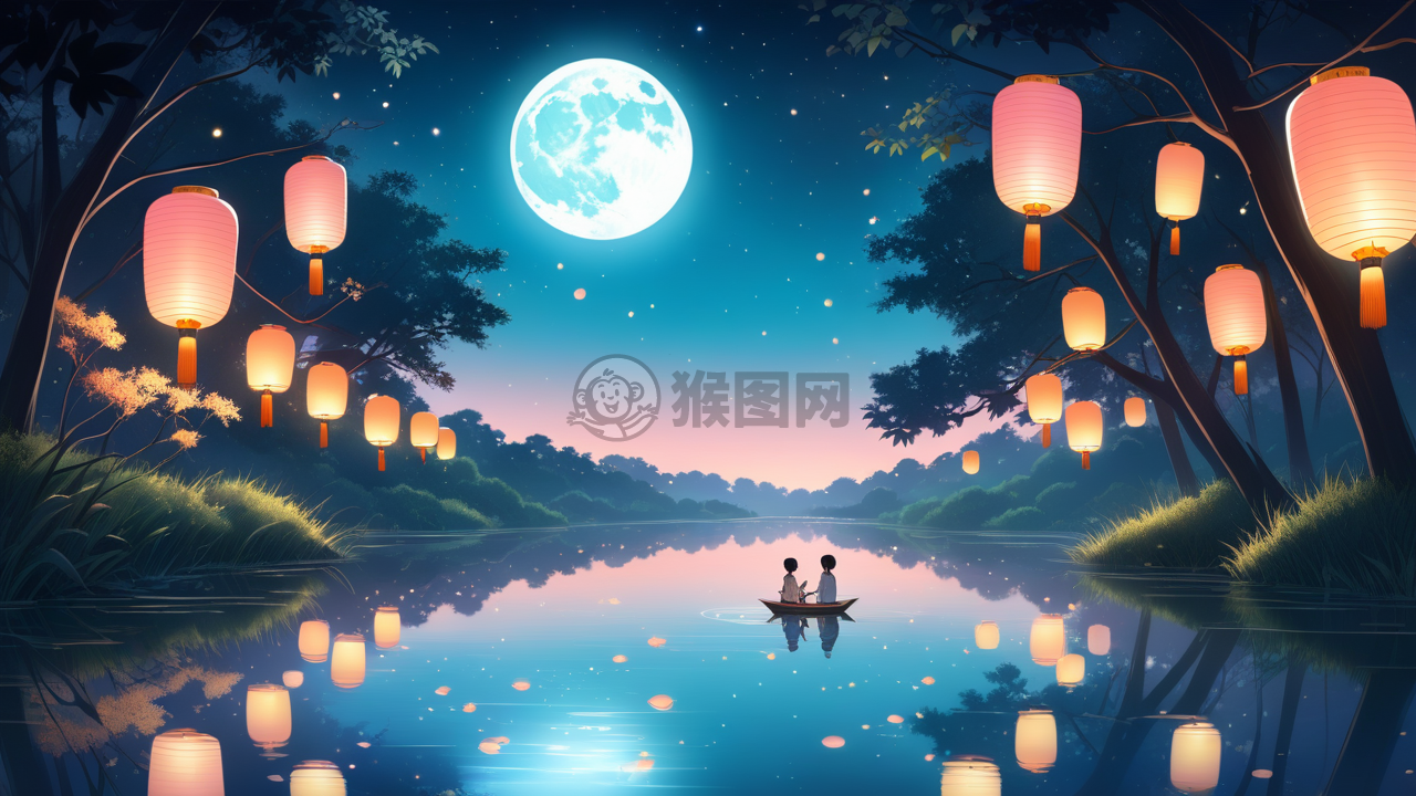 梦中秋夜明月光下漂灯河之旅