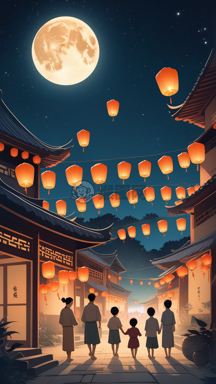 中国乡村中秋夜：放飞心愿的纸灯笼，满月如诗