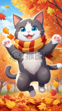 秋日落叶之舞：暖心猫咪的快乐冒险